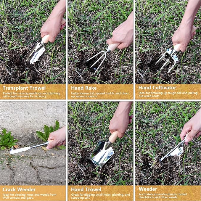 Weed Puller Tool, 6 Piece Stainless Steel Heavy Duty Weeding Tool, Weed Puller, Crack Weeder Tool, Weed Remover Tool with Ergonomic Wooden Handle, Gardening Gifts for Women