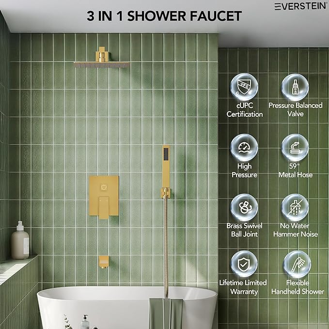 Shower Tub Faucet Set, 10" Bathroom Rainfall Shower Head Fixtures Combo with Handheld Spray and Tub Spout, Brushed gold
