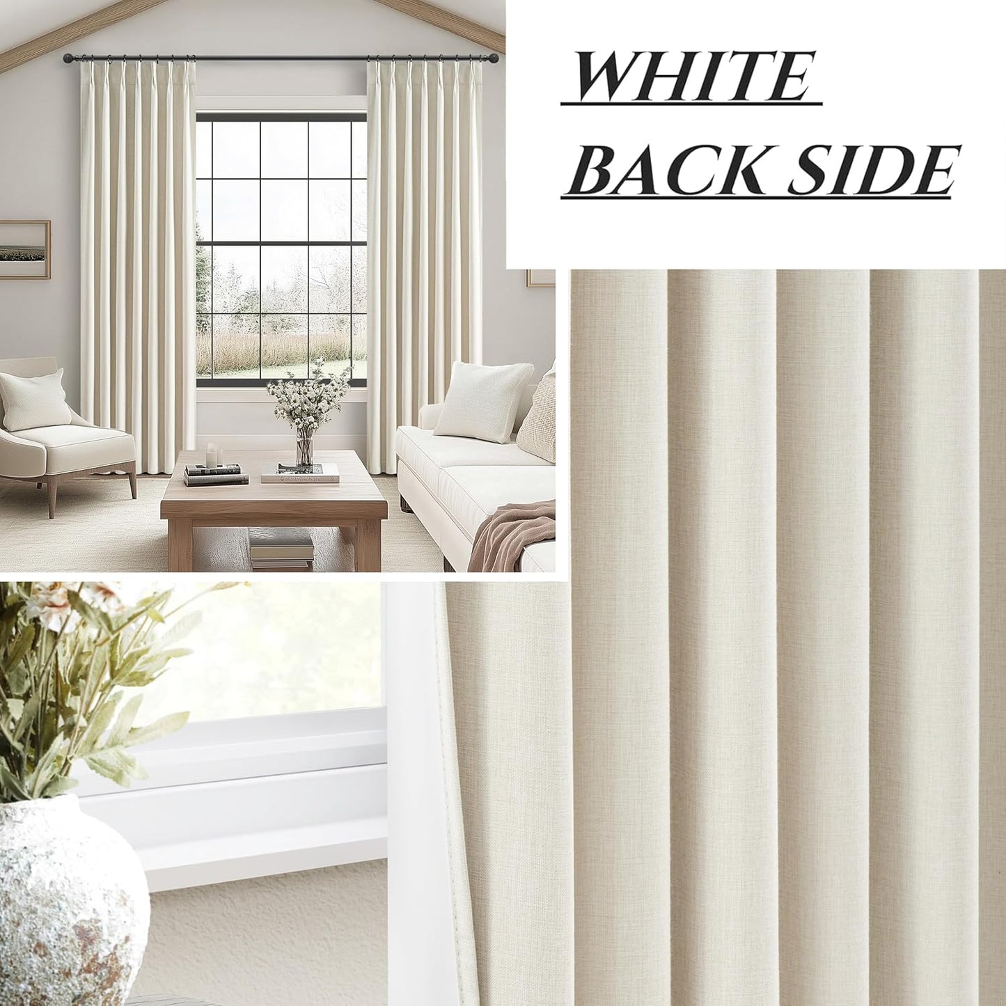 Extra Long Pleated Black Out Curtains 108 Inches Long for Living Room, Boho Cream Natural Linen Blend Patio Door Curtain with Track Back Tab 2 Panels Set Insulated Privacy Window Drapes 9 FT Length