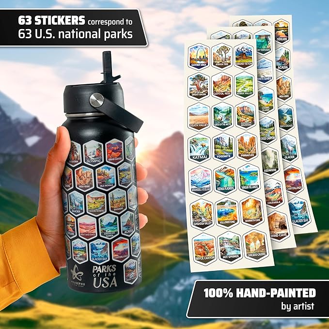 National Parks Water Bottle - Engraved Parks of the USA Bucket List Water Bottle - 63 National Park Stickers, Straw, Cleaning Set - Vacuum Sealed Stainless Steel Water Bottle - 32oz (Black)