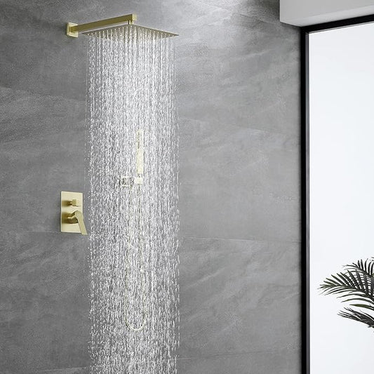 SHAMANDA Brass Rainfall Shower System, Luxuly Bathroom Shower Faucet Combo Set Brushed Champaign Gold(Including Rough-In Valve Body and Trim), L7001-3