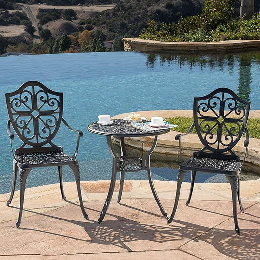 NUU GARDEN 3 Piece Outdoor Bistro Set All Weather Cast Aluminum Patio Set Bistro Table Set Rustproof Patio Table and Chairs with Umbrella Hole for Backyard, Balcony, Front Porch, Black