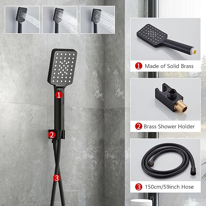 Shower Head Matte Black, Shower Faucet Set Bathroom Shower System with 8 inch Square Rain Shower Head Wall Mounted with 3-Setting Handheld Spray, Rainfall Shower Combo Set