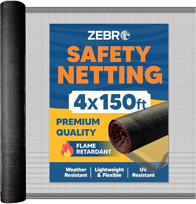 Fire Retardant Debris Safety Netting (4' x 150' - Black) - High Visibility Construction & Scaffolding & Railing & Elevator Netting for Enhanced Safety - Construction Fencing