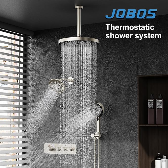 Shower System Brass Thermostatic Shower Faucet Set With Valve and Diverter Shower Mixer with 2 Rain Shower Head and Multi-function Handheld Head（Brushed Nickel）