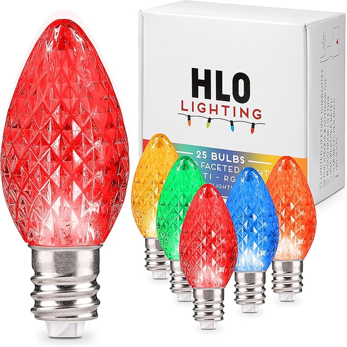Holiday Lighting Outlet Faceted C7 Christmas Lights | Multi-Colored LED Light Bulbs Holiday Decoration Warm Christmas Decor for Indoor & Outdoor Use | 2 SMD LEDs in Each Light Bulb | Set of 25