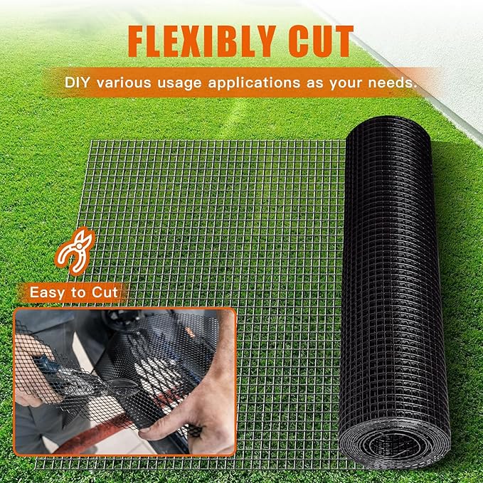 48" x 50' 1/2inch Hardware Cloth, Black Vinyl Coated Chicken Wire Fence Galvanized Welded Mesh Roll for Home Garden Rabbit Cage