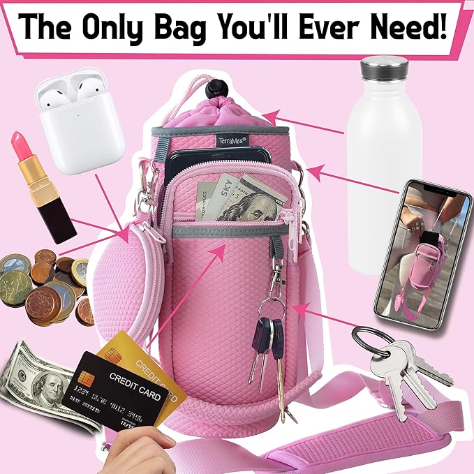 Water Bottle Holder with Strap - Water Bottle Carrier Sling Bag Crossbody with Metal Clips and Rings, Keychain, Extra Small Round Purse, Hook and Loop for Your Bike, Stroller, Backpack