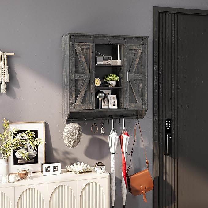 Farmhouse Medicine Cabinet 2 Sliding Barn Doors 3 Tier Rustic Wood Wall Storage Cabinet Adjustable Shelf Towel Bar Wall Mounted Bathroom Wall Cabinet