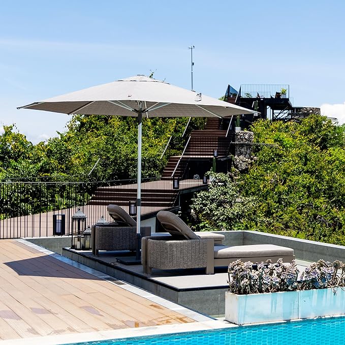 PURPLE LEAF 10 FT Semi-Auto Outdoor Patio Umbrella Market Table Sun Umbrellas with 8 Aluminum Sturdy Ribs for Backyard Deck Garden Pool (Silver Pole Beige Canopy)