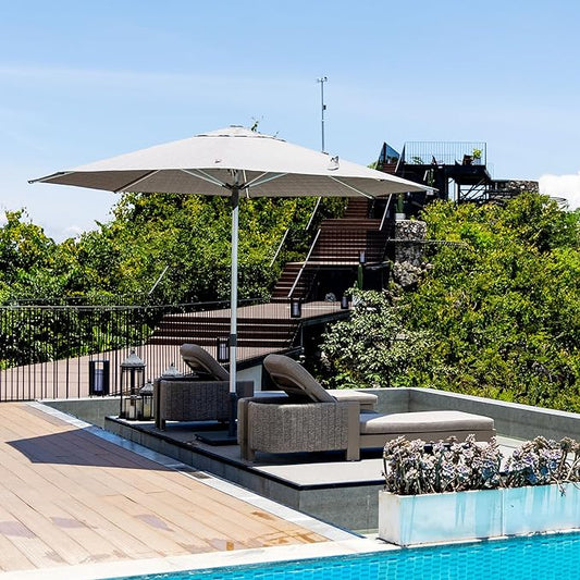 PURPLE LEAF 10 FT Semi-Auto Outdoor Patio Umbrella Market Table Sun Umbrellas with 8 Aluminum Sturdy Ribs for Backyard Deck Garden Pool (Silver Pole Beige Canopy)