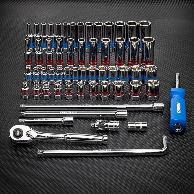 Neiko 02514A 1/4 Inch-Drive Ratchet and Small Socket Set, 58-Piece, Chrome Vanadium Steel, Multi-color