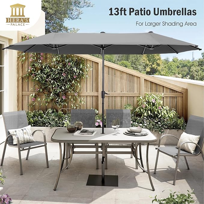HERA'S PALACE 13 ft Large Double-Sided Twin Patio Umbrella, Outdoor Market Umbrella with Crank Handle, Powerful UV Protective, Smoky Gray