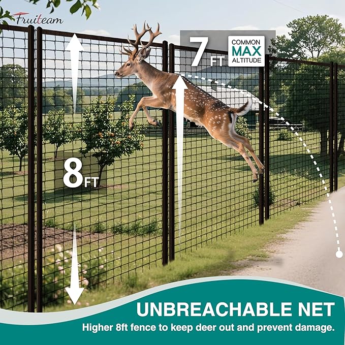 FRUITEAM Deer Fence Netting, 8FT x 100FT Heavy Duty Black PP Coated, Garden Protection Barrier, 0.7"x0.7" 70gr/sqm Mesh, Long-Lasting Yard Garden Fencing Roll
