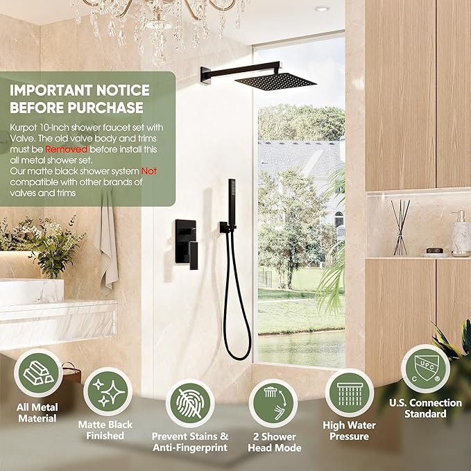 Black Shower System, Wall Mounted Shower Faucet Set with Valve, 10-Inch Rainfall Shower Head with Handheld Combo Spray, 59'' Long Shower Hose and Shower Trim Kit, Matte Black