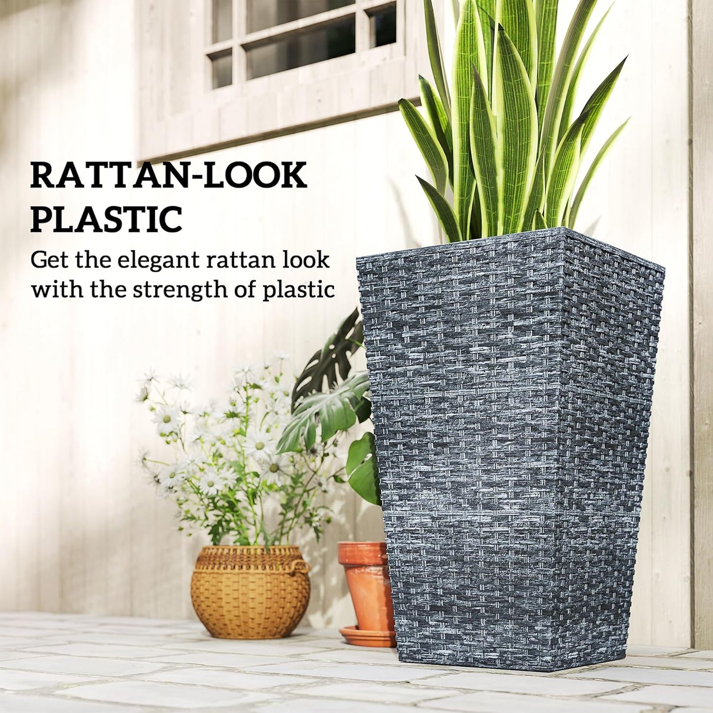 Outsunny Tall Planters for Outdoor Plants Set of 3, 24 in Taper Planters with Drainage Holes, Rattan Decor Plant Pots for Indoor Outdoor Front Porch Patio Backyard, Gray