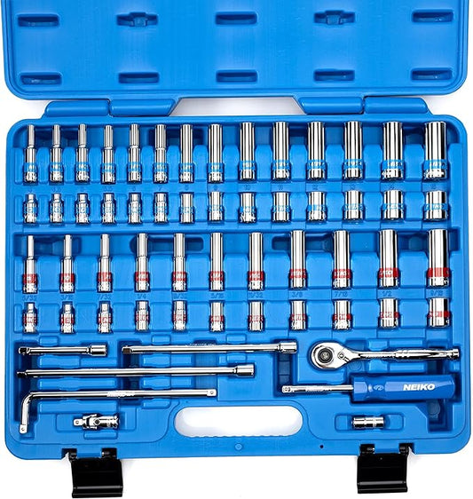 Neiko 02514A 1/4 Inch-Drive Ratchet and Small Socket Set, 58-Piece, Chrome Vanadium Steel, Multi-color