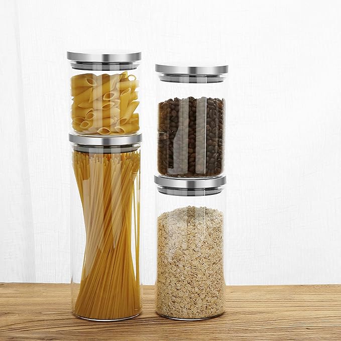 SIXAQUAE Glass Food Storage Containers Jar Stainless Steel Lids 2 Packs 1000ml Airtight Canister Organization Sets Stackable…