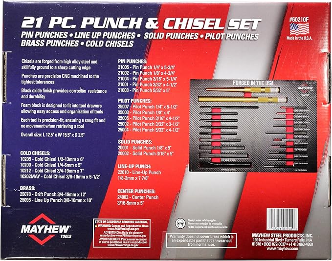 Mayhew Tools 60210F Punch and Chisel Set, 21-Piece with Foam Block
