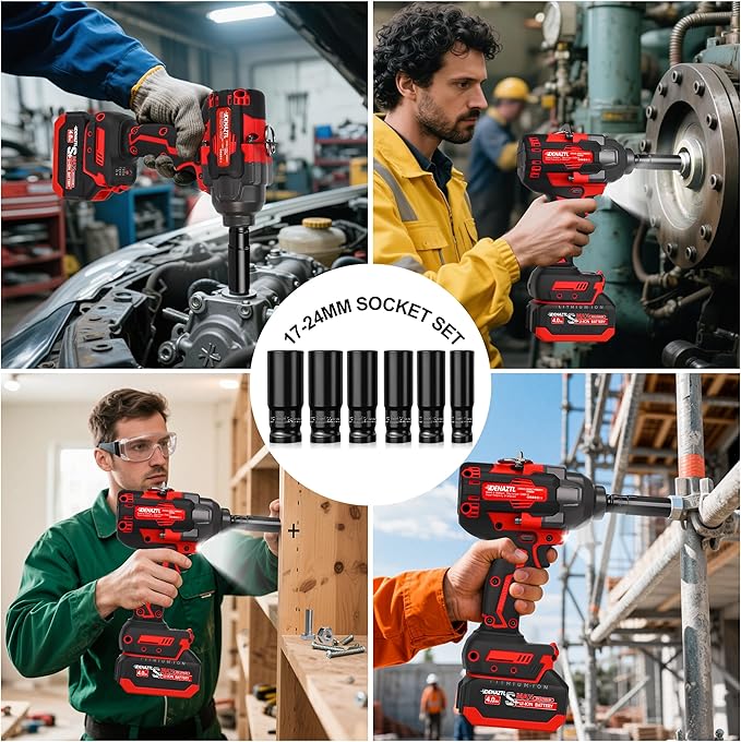 900ft-lbs Impact Wrench 1/2 Cordless Impact Gun, 21V High Torque Impact Driver, Auto-stop, LED Light, 6 Sockets, 2x 4.0Ah Battery& Fast Charger, Electric Impact Wrench for Car/Truck/Mower