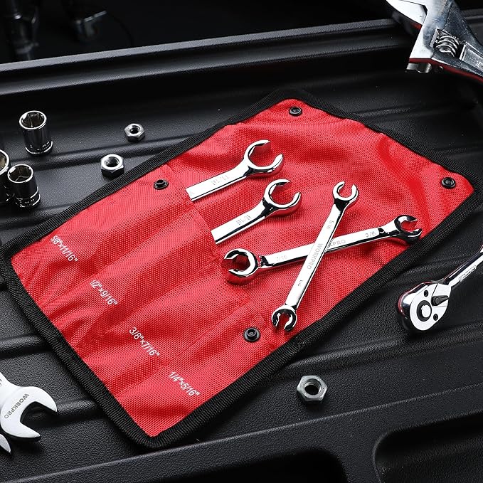 WORKPRO 4-Piece Flare Nut Wrench Set, SAE Brake Line Wrenches, 1/4", 5/16", 3/8", 7/16", 1/2", 9/16", 5/8", 11/16", Cr-V Steel, 15° Offset Head Tubing Wrench, Organizer Pouch Included