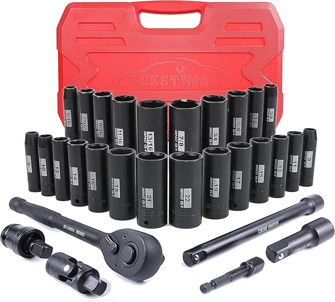 SEKETMAN 30pcs 3/8 Inch Impact socket set,Deep socket set,Metric/SAE,(5/16"-7/8",8mm-22mm),CR-V Steel,Includes Extension Bar,Universal Joint and Ratchet Handle.