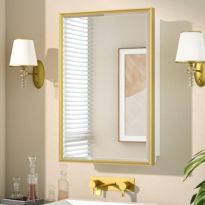 Keonjinn 17" x 25" Gold Medicine Cabinets with Mirror for Bathroom, Recessed or Surface Wall-Mounted Aluminum Alloy Framed Beveled Mirror, Single Door Farmhouse Bathroom Mirror with Storage Cabinet