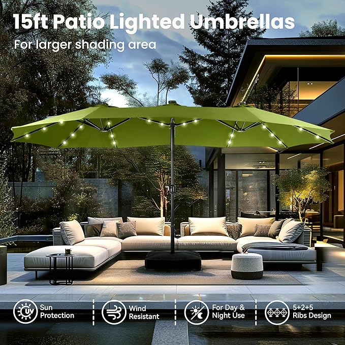 PHI VILLA 15 ft Umbrella Outdoor Patio Solar Lights with Base, Outdoor Double-Sided Large Market Rectangle Umbrellas with 36 LED Lights, Lime Green