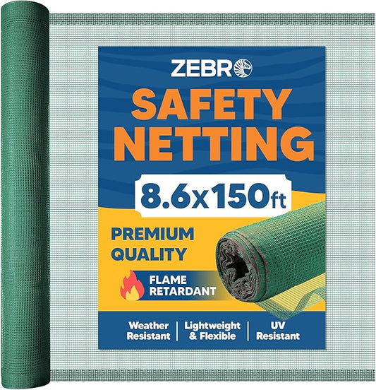 Fire Retardant Debris Safety Netting (8.6' x 150' - Green) - High Visibility Construction & Scaffolding & Railing & Elevator Netting for Enhanced Safety - Construction Fencing