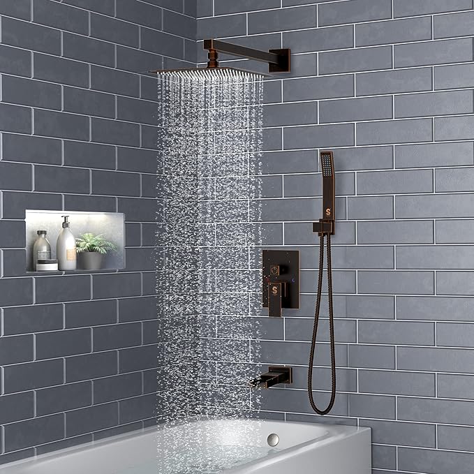 SR SUN RISE 8 Inches All Metal Bathtub Faucet Set Shower System with Tub Spout Square Rain Shower Head and Handheld Combo Shower Fixtues, Modern Valve and Trim Kit, Oil-Rubbed Bronze