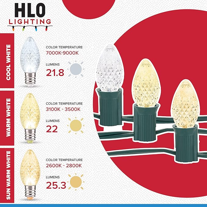 HLO Lighting Set of 25 Sun Warm White C9 Faceted LED Christmas Light Bulbs for Indoor & Outdoor Use | Durable Replacement Bulb