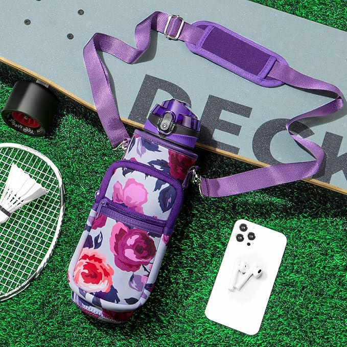 Fimibuke 32 oz Water Bottle with Sleeve - BPA Free Leakproof Sport Large 1L Plastic Motivational Water Bottle with Straw Strap & Insulated Neoprene Holder Carrier Bag Great Xmas Gift for Women Men