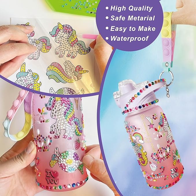 Decorate Your Own Water Bottle Kits,Fun Arts and Crafts Gifts for Girls Age 4-6-8-10,Unicorn Painting Crafts Toys for Girls Birthday