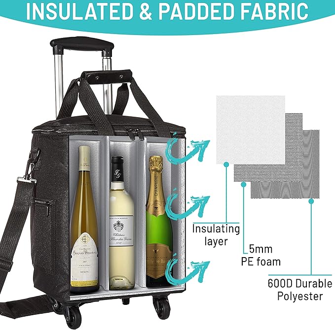 Lazenne Wine Bags for Travel - 6 Bottle Wine Bag/Wine Carrier - Wine Luggage For Professionals and Consumers. 3-in-1 Wine Tote, Rolling Suitcase and Insulated Cooler Bag with Removable Dividers
