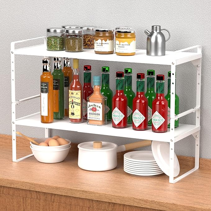iPEGTOP Expandable Cabinet Storage Shelf Organizer Rack, Heavy Duty Cupboard Stand Spice Rack Adjustable Height Garage Pantry Shelf Space Riser for Counter Kitchen Organization, White, 1 Pack