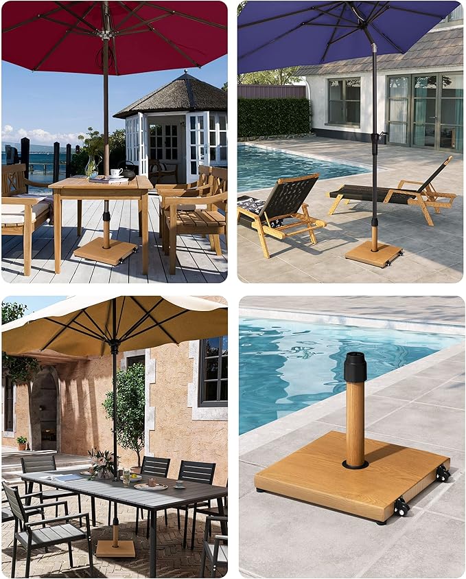 42lbs Patio Umbrella Base with Wheels - Heavy Duty Outdoor Patio Market Umbrella Stand for Deck, Poolside, Balcony, Wind-Resistant Design, Decorative Wood Pattern