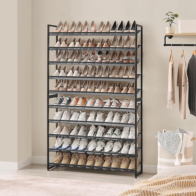 Shoe Rack, Long Shoe Organizer,Max Holds 62 Pairs,10 Tier Metal Shoe Storage Shelf,5-Tier Stackable Shoes Organizer for Garage, Entryway,Black
