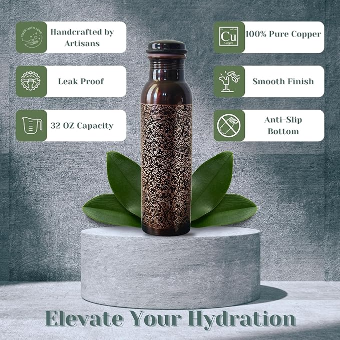 Kandisa Antique Etched Copper Water Bottle with a Canvas Bag | 32oz Pure Copper Water Bottle For Drinking | Anti Slip Bottom | Handcrafted by Artisans | Sustainable & Eco-friendly