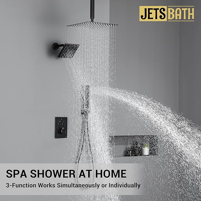Oil Rubbed Bronze Thermostatic Shower System with Ceiling 12 Inch Rainfall Shower & Wall Mount 6-Inch High Pressure Shower Head, Dual Shower Heads Set with Handheld Sprayer, Shower Faucet