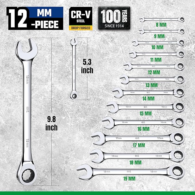 SK Ratcheting Wrench Set, Combination Wrench Set, 12-Piece, Metric 8 to 19mm, 72-Tooth, Premium CR-V Construction, with Rack Organizer
