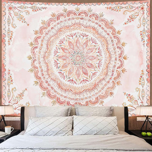 Fowocu Boho Floral Mandala Tapestry Wall Hanging Pink Bohemian Flower Medallion Tapestry Aesthetic Watercolor Hippie Indian Extra Large Tapestries for Bedroom Living Room Dorm Decor 90 x 68 Inch