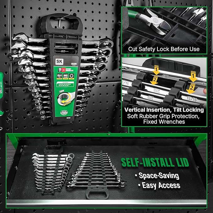 SK Ratcheting Wrench Set, Combination Wrench Set, 13-Piece, SAE 1/4" to 1", 72-Tooth, Premium CR-V Construction, with Rack Organizer