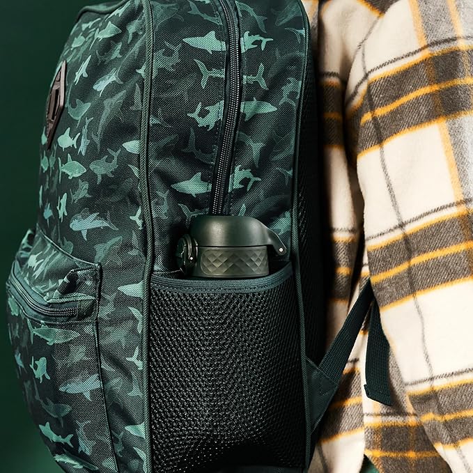 Ion8 Kids Water Bottle, Steel 400 ml/13 oz, Leak Proof, Easy to Open, Secure Lock, Dishwasher Safe, Flip Cover, Carry Handle, Easy Clean, Durable, Scratch Resistant, Carbon Neutral, Dark Green