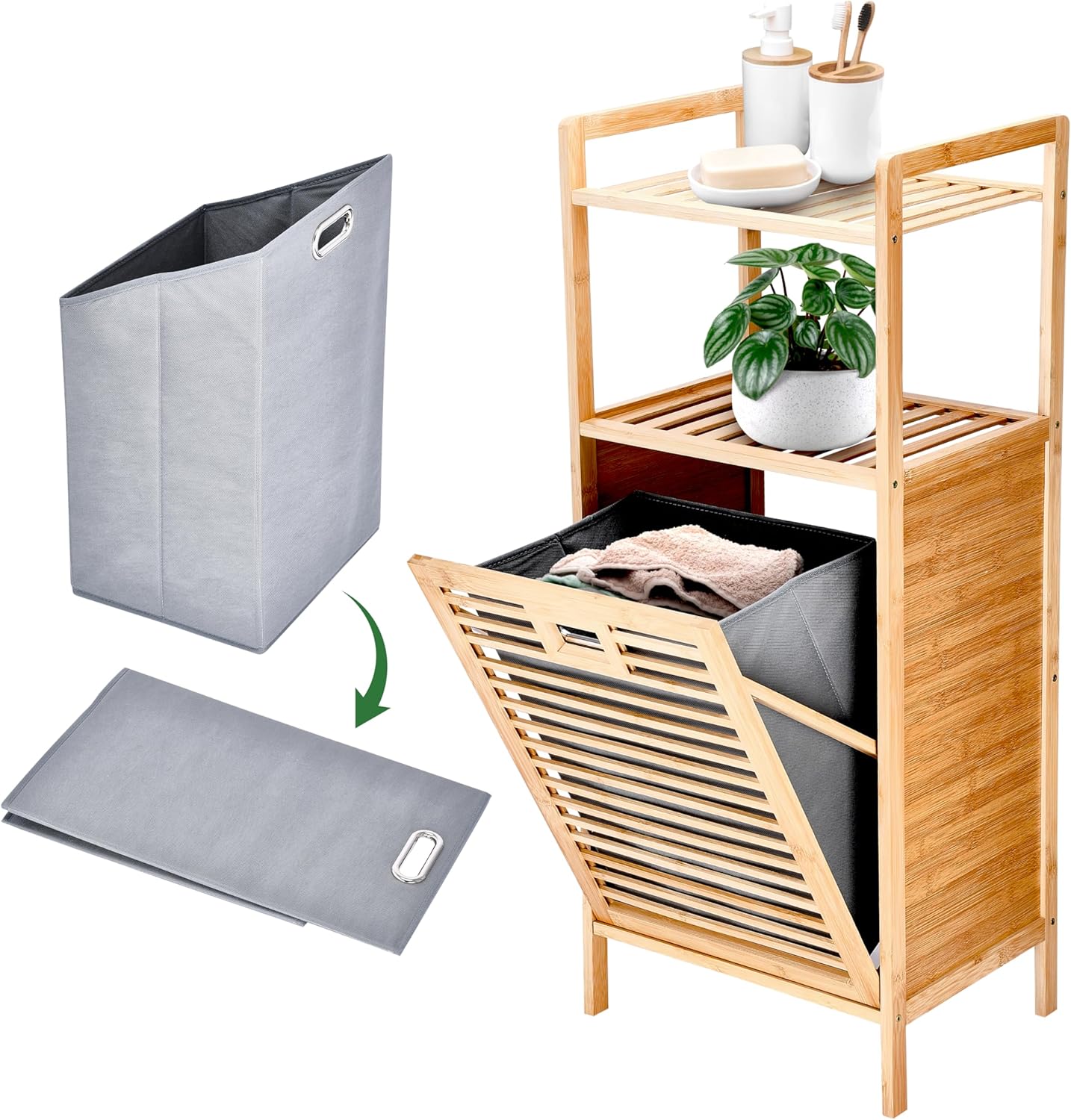 Prosumer’s Choice Bamboo Tilt-Out Laundry Hamper with 2-Tier Storage Shelves – Freestanding Clothes Hamper with Removable Liner, Space-Saving Design for Bathroom or Bedroom – 15.5”L x 11.8”W x 37.4”H