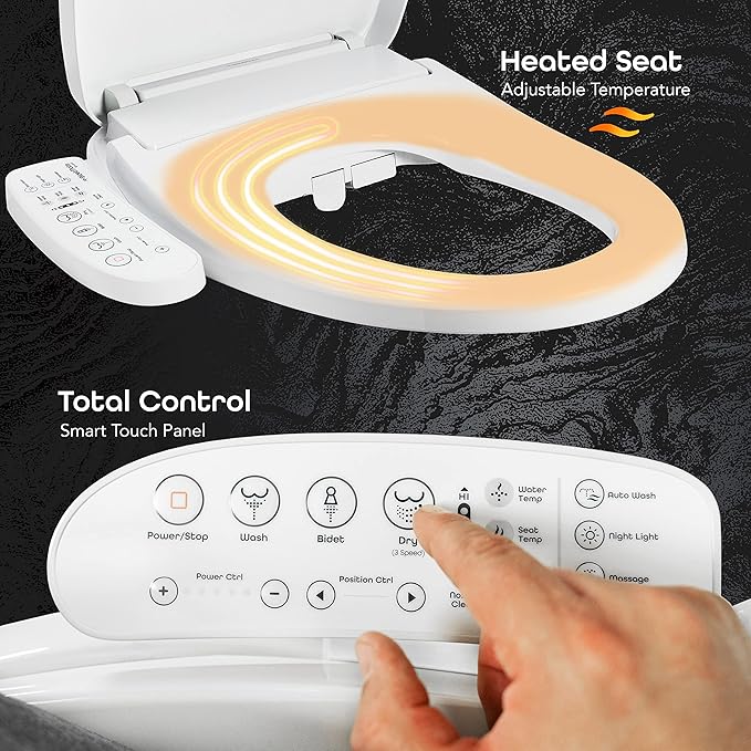 BidetMate 3000 Series Electric Heated Bidet Smart Toilet Seat with Unlimited Heated Water, Side Control Panel, and Adjustable Warm Air Dryer - Self-Cleaning - Fits Elongated Toilets