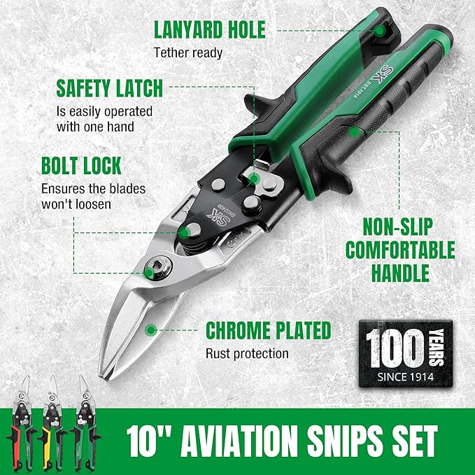 SK Aviation Tin Snips Set, Left, Right and Straight Cut, Cr-Mo Steel Blade, Anti-slip Handle and Safety Latch, for Cutting Sheet Metal