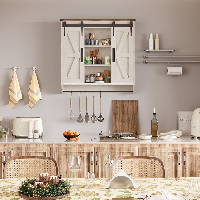 Farmhouse Medicine Cabinet 2 Sliding Barn Doors 3 Tier Rustic Wood Wall Storage Cabinet Adjustable Shelf Towel Bar Wall Mounted Bathroom Wall Cabinet (Antique White, 30.71 Inch)