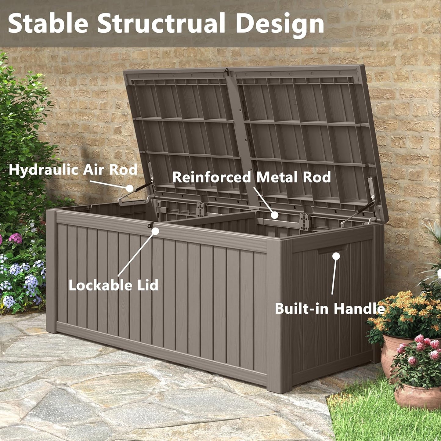 150 Gallon Resin Deck Box, Large Indoor and Outdoor Storage Box, Weatherproof and UV Resistant Outdoor Storage Box with Built-in Steel Beams for Patio, Cushions, Pool Supplies