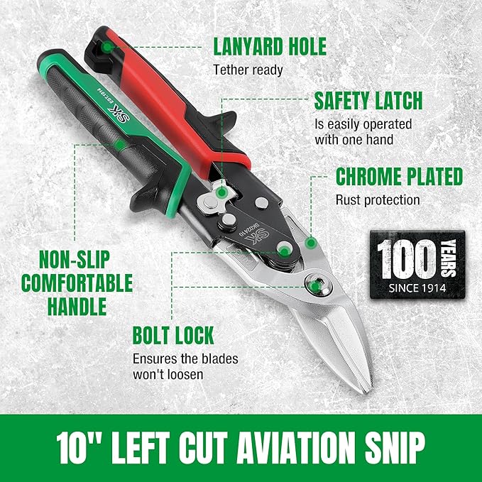 SK 10 Inch Aviation Tin Snips, Left Cut, Cr-Mo Steel Blade, Anti-slip Handle and Safety Latch, for Cutting Sheet Metal