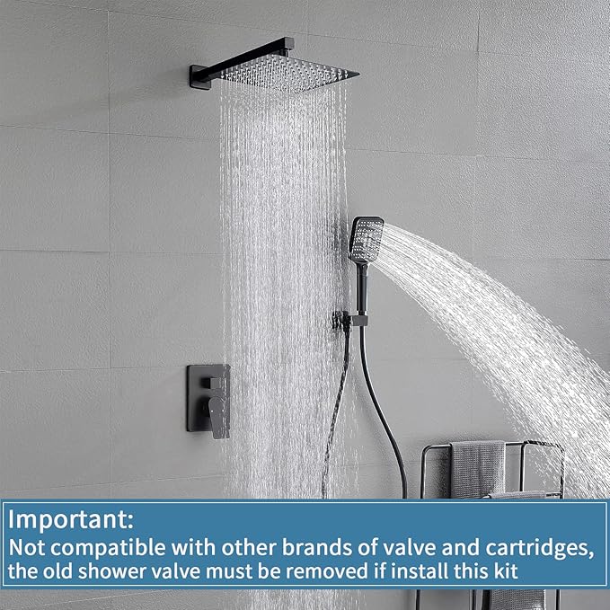 Shower Faucet Set Matte Black Shower System with 10 Inches Stainless Steel Rainfall Shower Head Pressure Balance Rough-in Valve Trim Kit Shower Fixture Combo Set,6012B